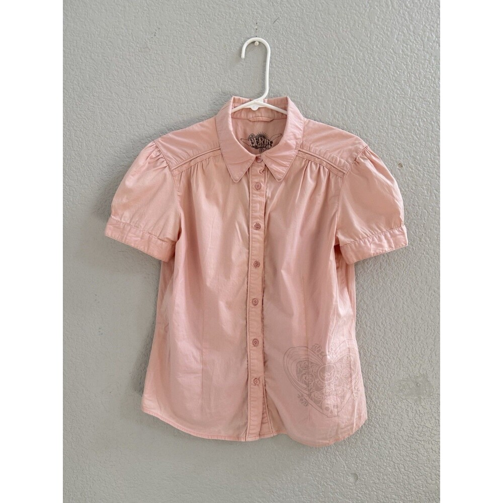 Pink Embroidered Floral Print Button Up Blouse Short Sleeve Top Y2K